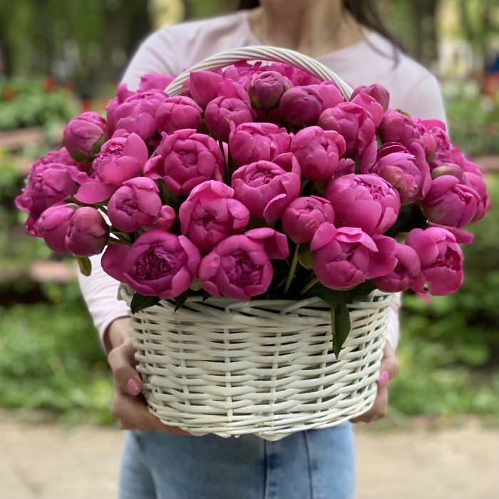 51 малиновый пион Флеминг в корзине